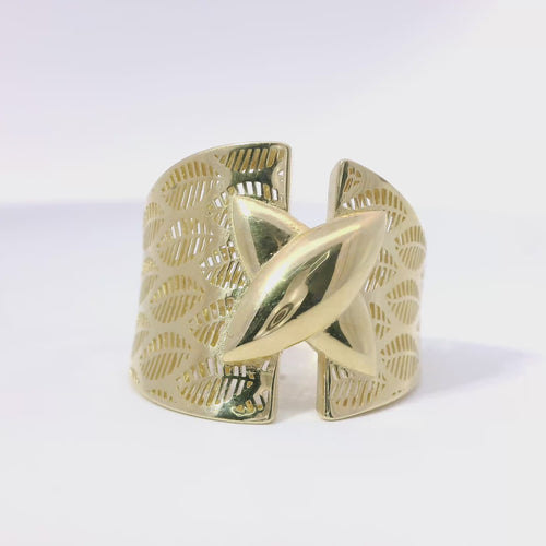14KT Gold Ring Women's Abstract Raised Puff "X" Split Band Leaf Cutout Lattice Band