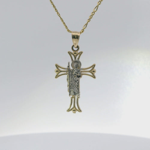 14KT Gold Charm Small Open Flare End Cross with Two Tone St Jude Center and Plain Bell