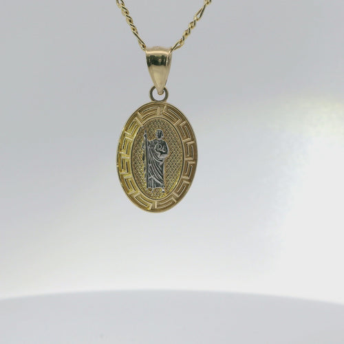 14KT Gold Charm Small Oval Two Tone St Jude Coin with Greek Border and Plain Bell
