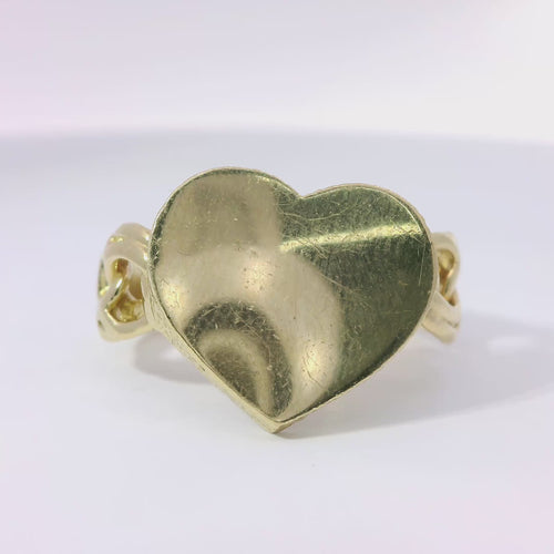 14KT Gold Ring Women's Plain Engravable Heart Center with Sandblasted Edge and Chino Link Band