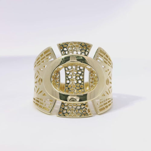 14KT Gold Ring Women's Abstract Raised Oval Three Section Split Band Art Deco Lattice Cutouts Band