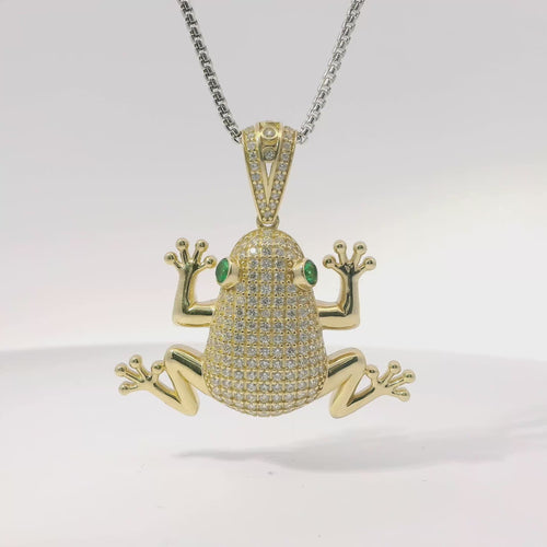 14KT Gold Charm Large 3D Frog with Green CZ Stones Eyes and Flat Back White CZ Stones Body and Bell