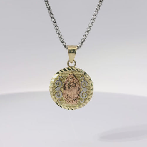 14KT Gold Charm Medium Round Tri Tone Virgin Mary Swirl Center Diamond Cut Border Coin with White CZ Stone Flower and Plain Bell