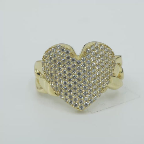 14KT Gold Ring Women's Curved White CZ Stone Cluster Heart Shape Cuban Link Band