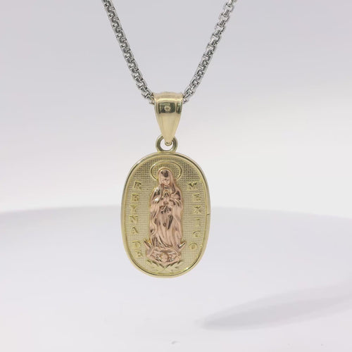 14KT Gold Charm Medium Two Tone Oval "Reyna De Mexico" Virgin Mary Coin with Plain Bell