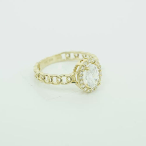 14KT Gold Ring Women's Oval White Center Stone with White CZ Stone Border Chino Band