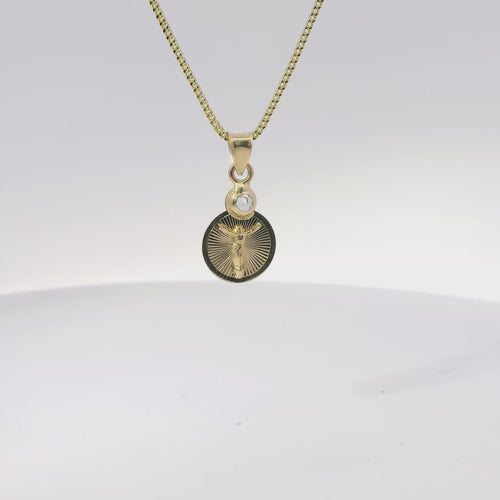 14KT Gold Charm Extra Small Two Tone Round Sunray Crucifix Coin with White CZ Stone Top and Plain Bell