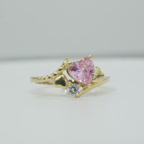 14KT Gold Ring Women's Pink Heart Shape Center CZ Stone Left White Round CZ Stone with Two Plain Hearts and Plain Bypass Band Upper - Rope Lower Band Plain