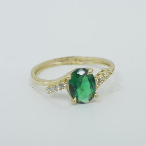 14KT Gold Ring Women's Dark Green Oval Center CZ Stone with 3 High/Low Round White CZ Stones Shoulders and Plain Band