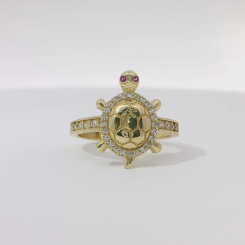 14KT Gold Ring Women's Mini Plain Shell Turtle White CZ Stones Border and Band with Pink CZ Eyes