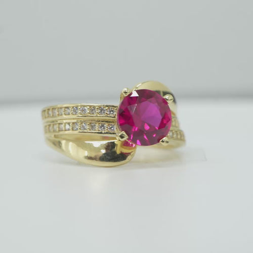 14KT Gold Ring Women's Round Dark Pink CZ Center Stone Double White CZ Stone Band with Plain "S" Ribbon