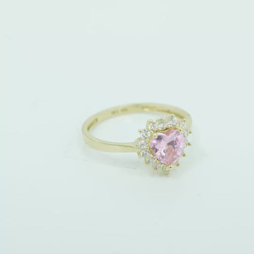14KT Gold Ring Women's Flower Heart Pink Center Stone with White CZ Stone Petal Border Plain Band