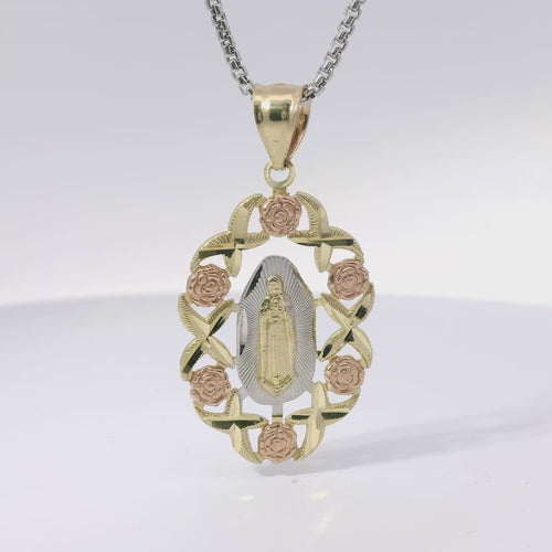 14KT Gold Charm Large Tri Tone Virgin Mary Center with Diamond Cut and Rose Border and Plain Bell