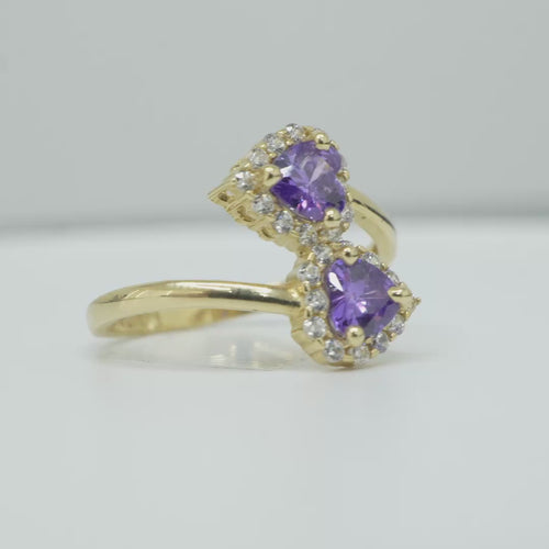 14KT Gold Ring Women's Two Purple Heart CZ Center Stones with White CZ Stones Border Plain Bypass Band