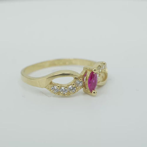 14KT Gold Ring Women's Marquise Mini Red Center CZ Split Wavy Plain White CZ Band