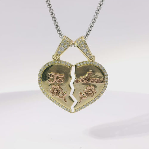 14KT Gold Charm Medium Two Tone "Te Amo" Broken Heart with Flower Center with White CZ Stone Outline and Two White CZ Stone Bells