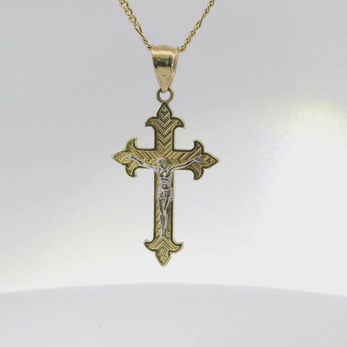 14KT Gold Charm Medium Two Tone Stripe Center Dagger Flare Ends Crucifix Cross with Plain Bell