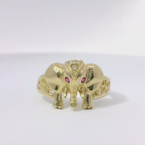 14KT Gold Ring Women's Forward Facing Pink Eye Elephant with White CZ Stones Veil Split Band with Three Loops on Side