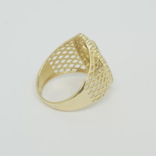 14KT Gold Ring Men's Oval Malverde White CZ Stones Border with Diamond Shape Gallery Cutouts on Side of Band