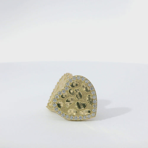 14KT Gold Earrings Medium Nugget Heart Center with White CZ Stones Border, Push Back Post, and Butterfly Backs