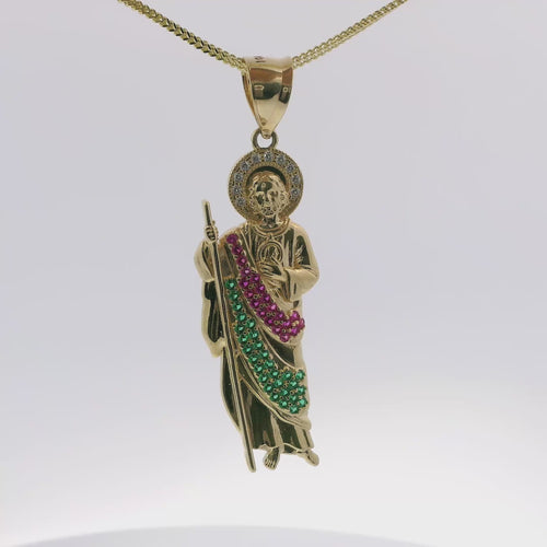 14KT Gold Charm Medium St Jude with Red, Green, and White Round CZ Stones Robe with White CZ Stones Halo and Plain Bell