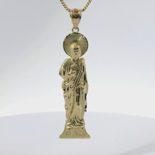 14KT Gold Charm Medium "St. Jude" Name Plate St Jude Figure with Plain Bell