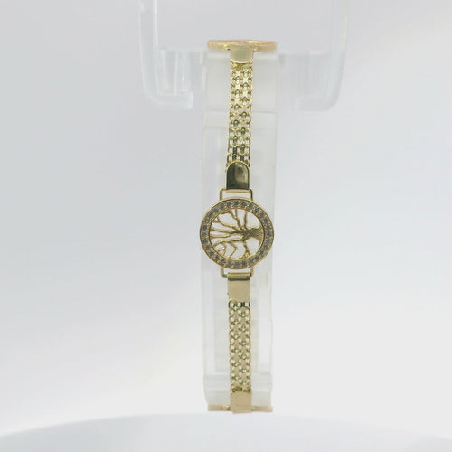 14KT Gold Bracelet Women's Three Charm White CZ Stones Round Tree of Life with White CZ Stones Borders and White CZ Stone End Bizmark Link Lobster Clasp