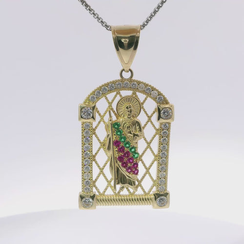 14KT Gold Charm Large White CZ Stones Archway St Jude with Red and Green Round CZ Stones Robe and Plain Bell