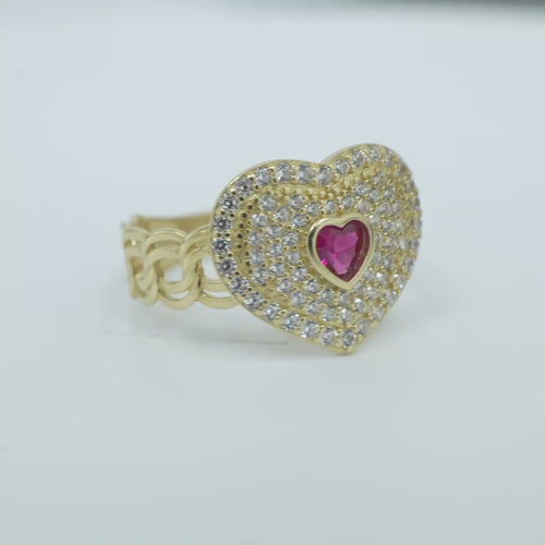 14KT Gold Ring Women's Heart Shape Red Center CZ Stone with White CZ Stone Background and Border Chino Link Band