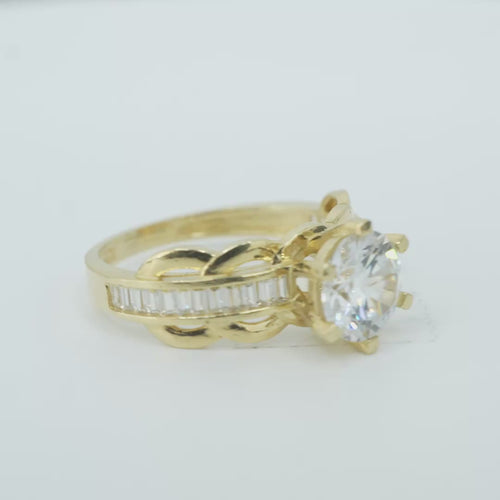 14KT Gold Ring Women's Round White 6 Prong Center CZ Scallop Border Baguette Band