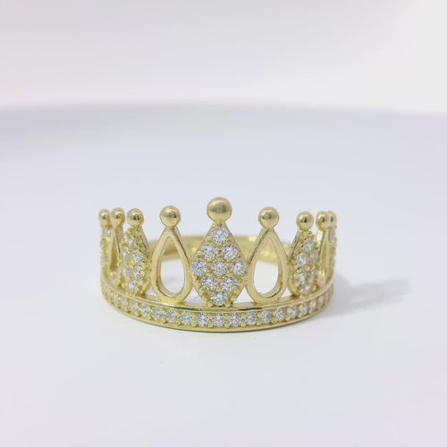 14KT Gold Ring Women's Tear Drop Crown with Five White CZ Stone Drops and White CZ Stones Band