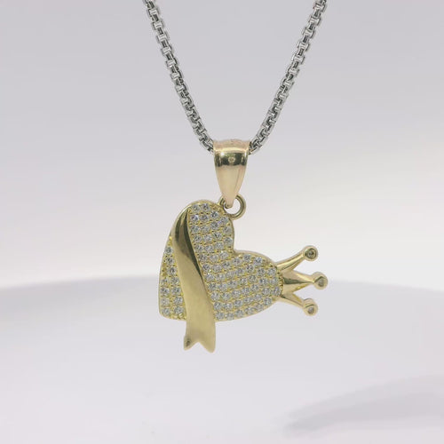 14KT Gold Charm Medium White CZ Stones Heart with Plain Crown, Sash and Bell