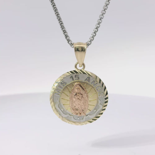 14KT Gold Charm Medium Round Tri Tone Quinceanera "15 Anos" Coin with Diamond Cut Edge and Plain Bell