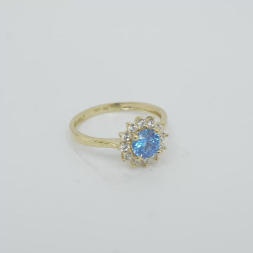 14KT Gold Ring Women's Flower Round Light Blue Center Stone with White CZ Stone Petals Border Plain Band