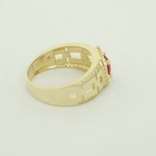 14KT Gold Ring Men's Square Red Round CZ Center Stone White CZ Stone Border Side Design White CZ Stones with Mariner Link