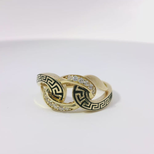 14KT Gold Ring Women's Mini White CZ Stones Link Center with Black Enamel Greek Lasso Loops on Each Side and Plain Split Band