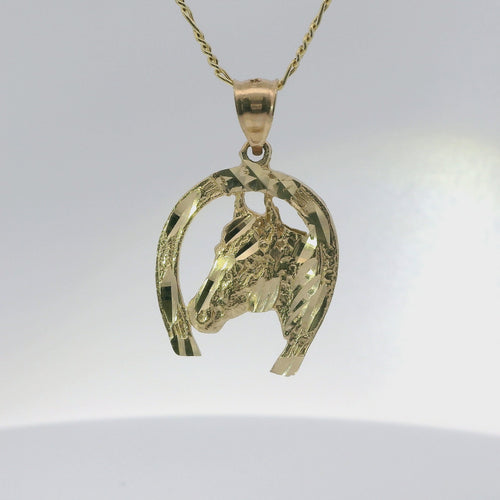14KT Gold Charm Large Diamond Cut Horsehead Center with Horseshoe Border and Plain Bell
