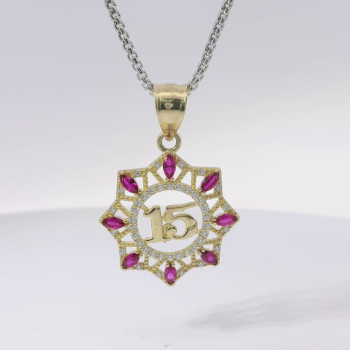14KT Gold Charm Large Quinceanera "15" Open Webbed Wreath with Dark Pink and White Round CZ Stones Border with Plain Bell
