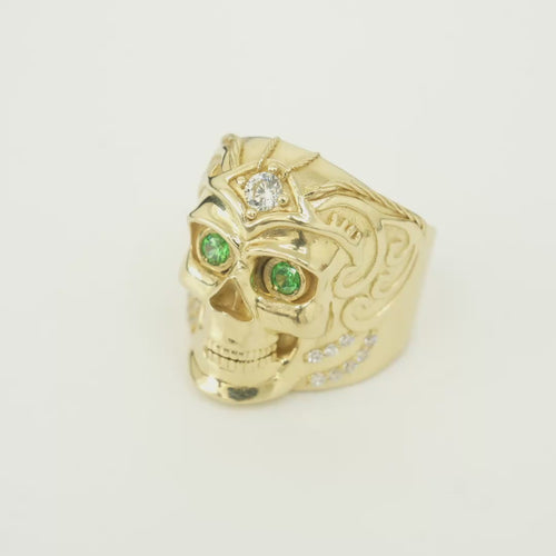 14KT Gold Ring Men's Skull with Viking Helmet White Round CZ Stone on Forehead / Jaw and Round CZ Stone Eyes