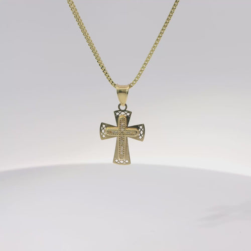 14KT Gold Charm Extra Small White CZ Stone Cross Center with Plain Rounded Flared Diamond Shape Cutout Ends Border and Plain Bell
