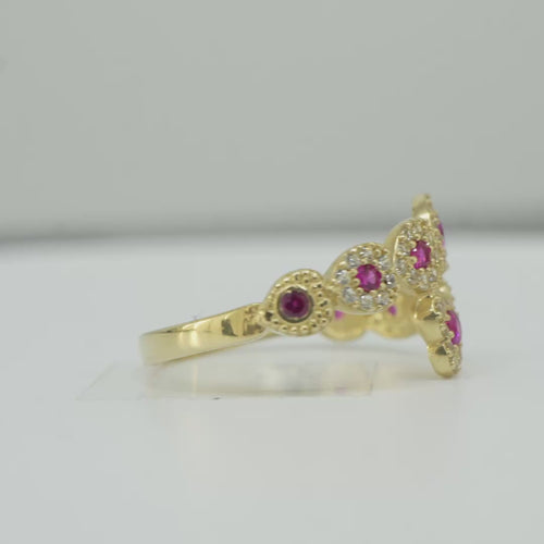 14KT Gold Ring Women's Eight Red Center CZ Stones Center of White CZ Stones Heart Shape Bypass Band