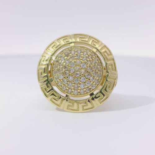 14KT Gold Ring Women's White CZ Stone Dome Center with Greek Border and Embossed Medusa on Side of Band