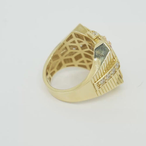 14KT Gold Ring Men's Two Tone Square Raised St. Jude with Sunray Background and Single Row White CZ Stone Border Corner Design One Red/Pink CZ Stone Band Design Four White CZ Stones Plain Border Stripe Etched Background