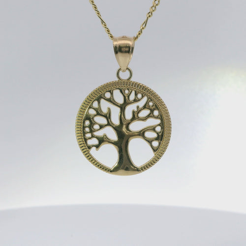14KT Gold Charm Medium Open Round Tree of Life with Currency Edge Border and Plain Bell