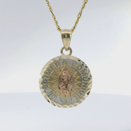 14KT Gold Charm Extra Small Tri Tone "Mi Primera Communion" Communion Coin with Diamond Cut Edge and Plain Bell