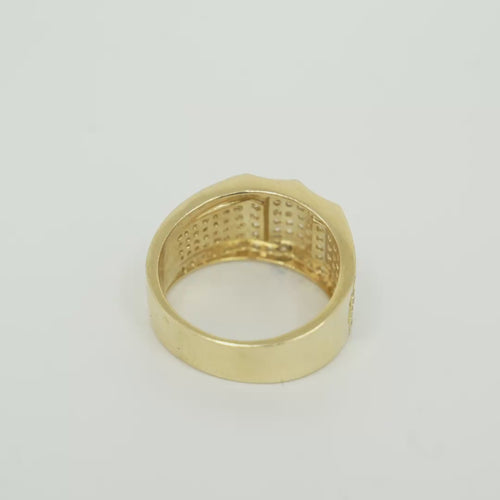 14KT Gold Ring Men's Raised Triple Row Square Plain Border Edge Open Book White CZ Stone Band Design