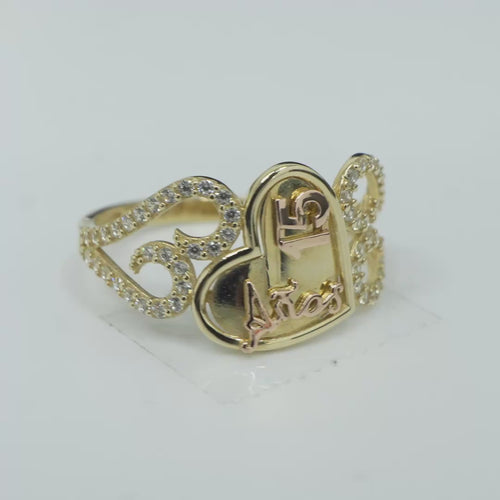 14KT Gold Ring Women's Two Tone "15 ANOS" Quinceanera Plain Heart Center with White CZ Stones Open Heart on Sides Plain Band