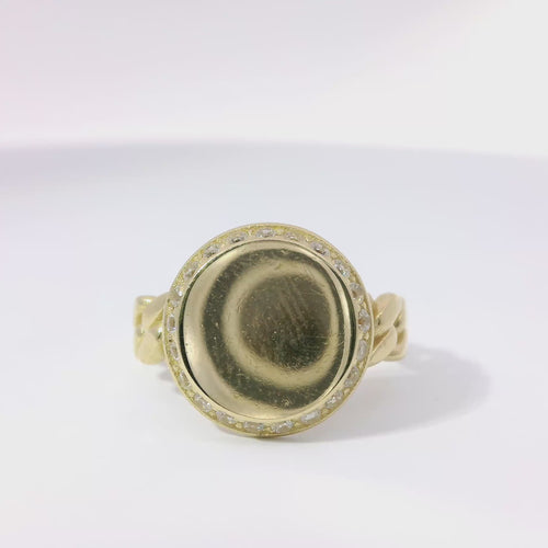 14KT Gold Ring Women's Engravable Round with White CZ Stones Border and Cuban Link Band