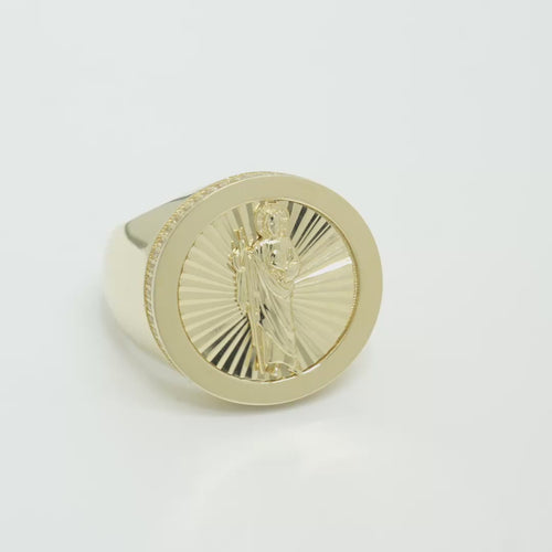 14KT Gold Ring Men's Round St. Jude Plain Border with Double Row of White CZ Side Stones