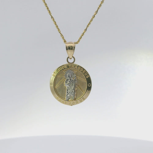 14KT Gold Charm Small Two Tone St Jude Coin with "PRAY FOR US" Border and Plain Bell